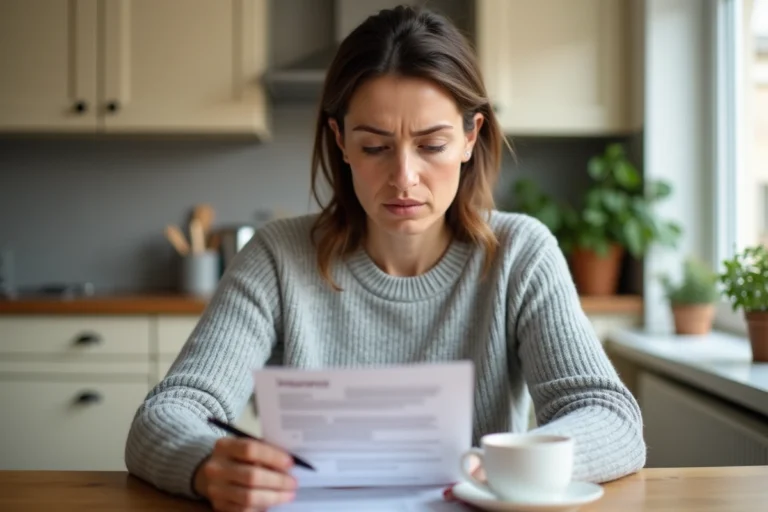 Femme lisant un contrat d'assurance habitation à sa table de cuisine avant de procéder à la résiliation