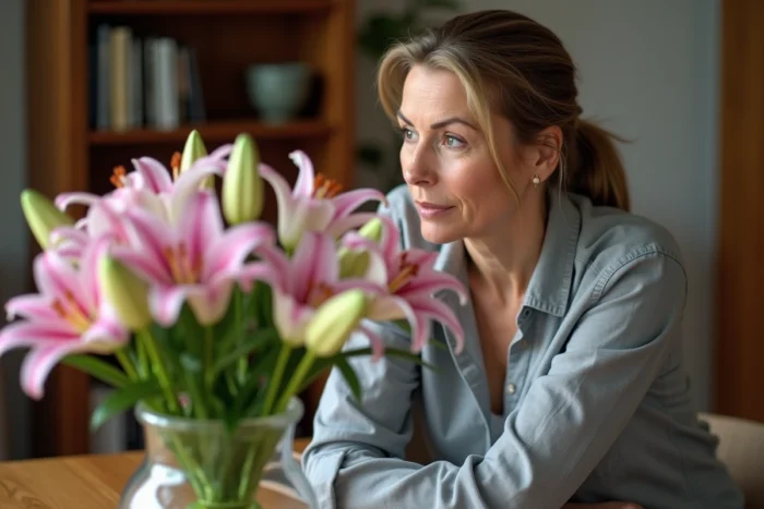 Femme adulte observant prudemment un bouquet de lys roses et blancs dans un vase en verre, illustrant les précautions à prendre face aux risques allergiques des lys en intérieur