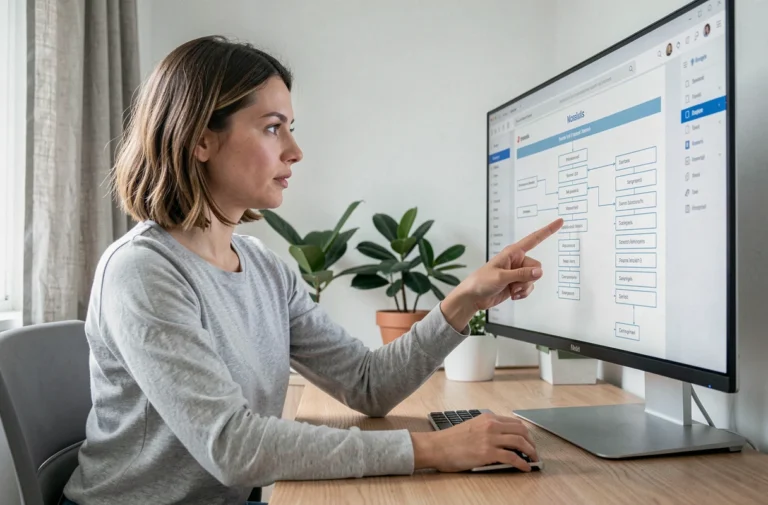 Femme utilisant le plan du site Electriciret sur un ordinateur de bureau dans un bureau à domicile moderne