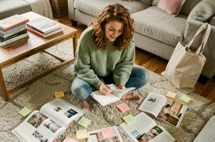 Femme passionnée écrivant dans son journal entourée de magazines et de notes d'inspiration dans son salon