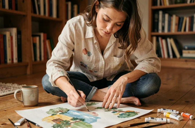 Femme trentenaire peignant une aquarelle dans un appartement cosy, activité créative de loisir au quotidien