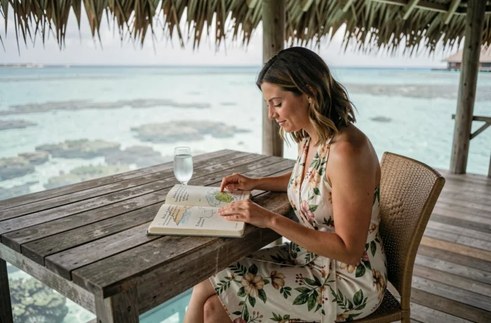 Femme planifiant son voyage de noces dans un bungalow sur pilotis aux Maldives avec un carnet de voyage ouvert