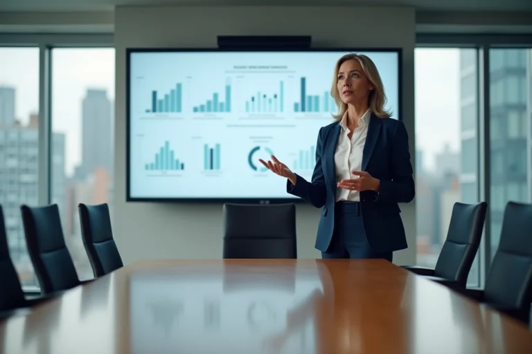Femme cadre présentant des données professionnelles dans une salle de réunion moderne lors d'une conférence d'entreprise