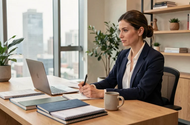 Femme concentrée travaillant à son bureau dans un open space moderne, illustrant la productivité au travail