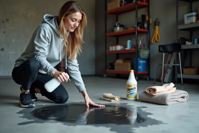 Femme appliquant un produit nettoyant en mousse sur une trace de pneu noire dans un garage en béton