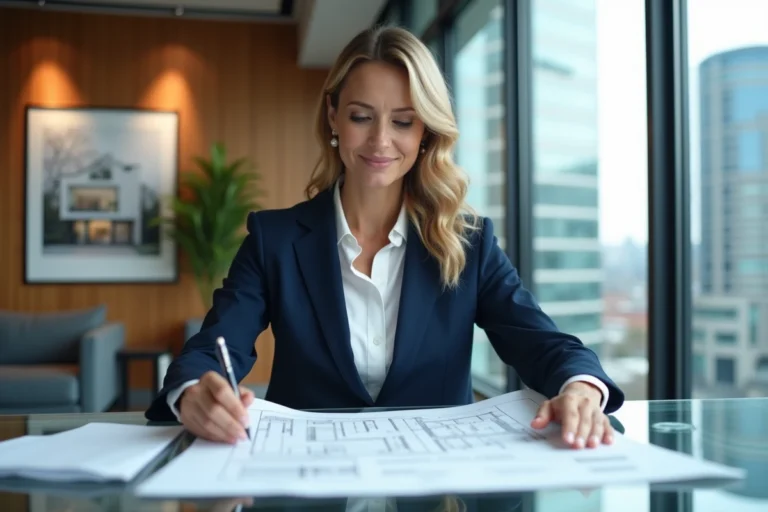 Femme professionnelle de l'immobilier analysant des plans et documents d'investissement dans un bureau moderne