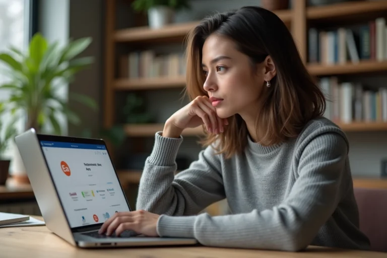 Une femme consulte l'interface rebrandée de Zakmav sur son ordinateur portable dans un bureau à domicile moderne