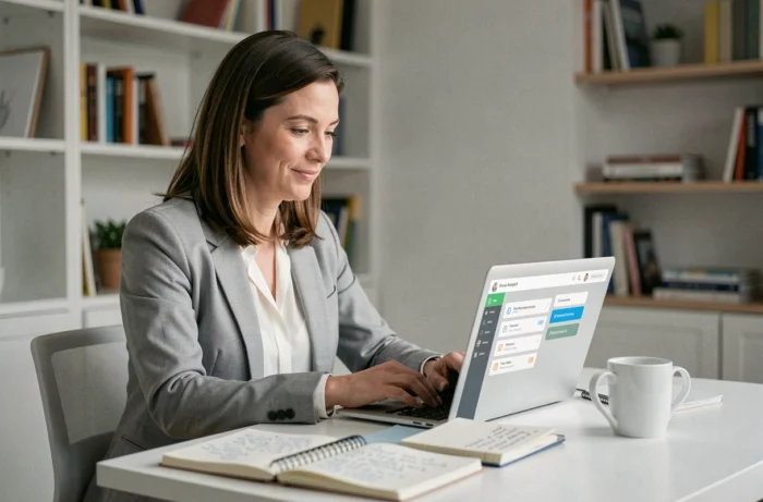 Une femme de 38 ans en reconversion professionnelle suivant une formation en ligne depuis son bureau à domicile