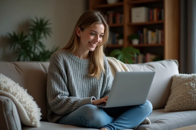 Jeune femme regardant un film légalement sur une plateforme de streaming depuis son canapé avec un ordinateur portable