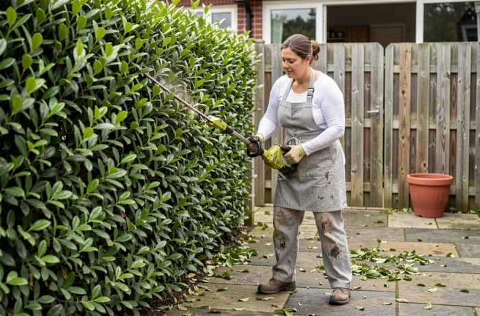 Femme utilisant une taille-haie électrique pour tailler une haie de laurier dans un jardin résidentiel