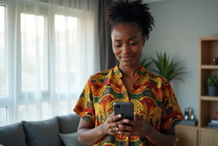Femme ivoirienne vérifiant son identité sur l'application MTN CI depuis son appartement en suivant la procédure en ligne