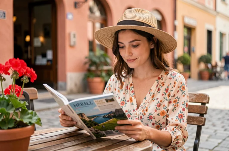 Jeune femme parcourant un magazine de voyage en terrasse de café avec chapeau de paille