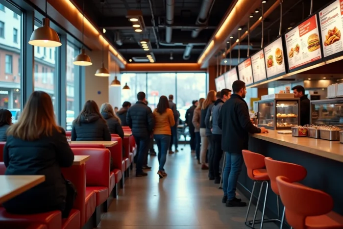 File d'attente animée dans un fast-food moderne en centre-ville, clients diversifiés devant un comptoir numérique, ambiance reportage documentaire