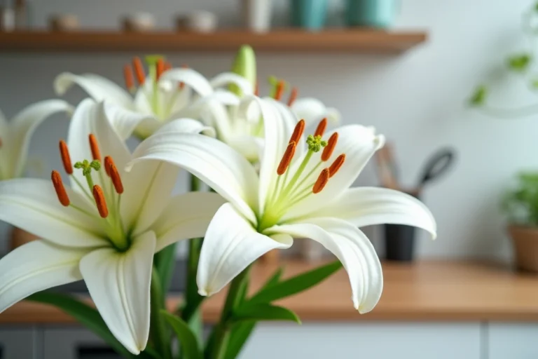 Fleurs de lys blanches en pleine floraison posées sur un plan de travail en bois dans une cuisine moderne, mettant en valeur les étamines orangées potentiellement allergènes