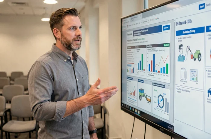 Formateur professionnel présentant un module de formation numérique sur un écran interactif dans une salle de formation équipée