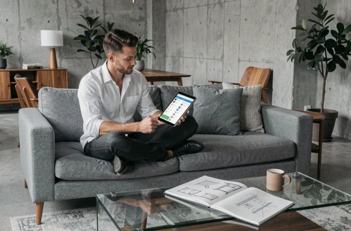 Jeune homme suivant une formation reconnue par l'État en architecture d'intérieur sur tablette depuis son appartement moderne