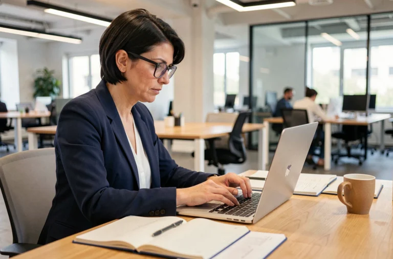 Professionnelle en formation continue consultant des ressources pédagogiques sur un ordinateur portable dans un espace de coworking moderne