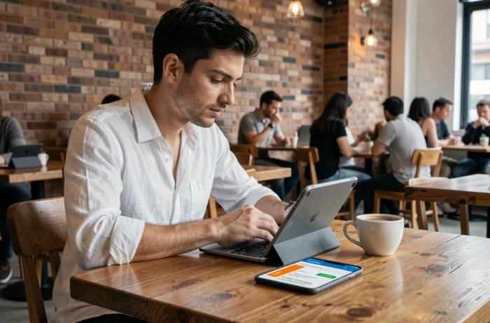 Jeune homme freelance dans un café travaillant sur tablette et consultant ses gains sur Orange Money pour générer des revenus en ligne