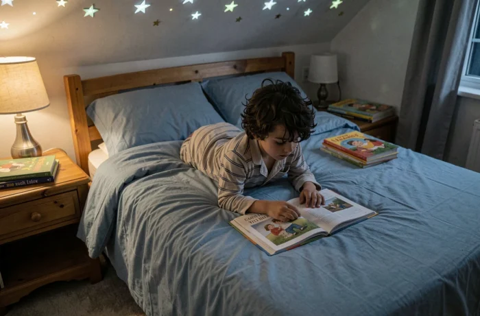Un garçon en pyjama lit un livre illustré seul sur son lit dans sa chambre avant de dormir