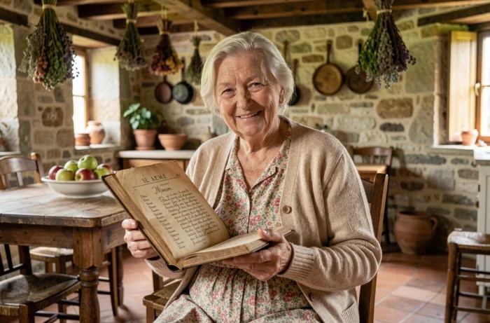 Grand-mère française tenant un registre familial ancien avec des prénoms français traditionnels dont Manon dans une cuisine rustique provençale