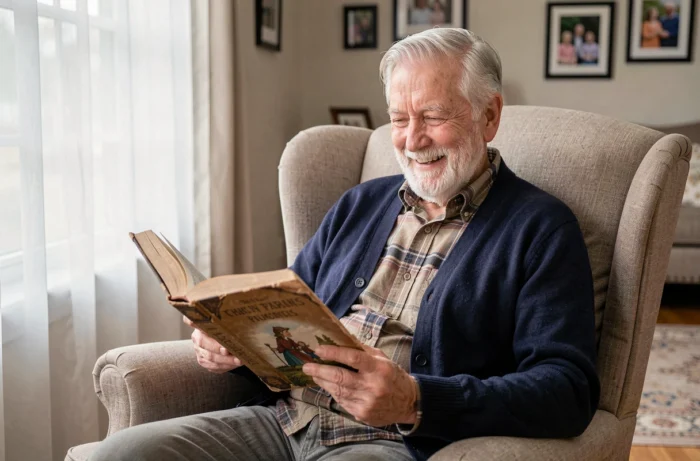 Un grand-père souriant lit un livre de contes illustré dans un fauteuil confortable au salon