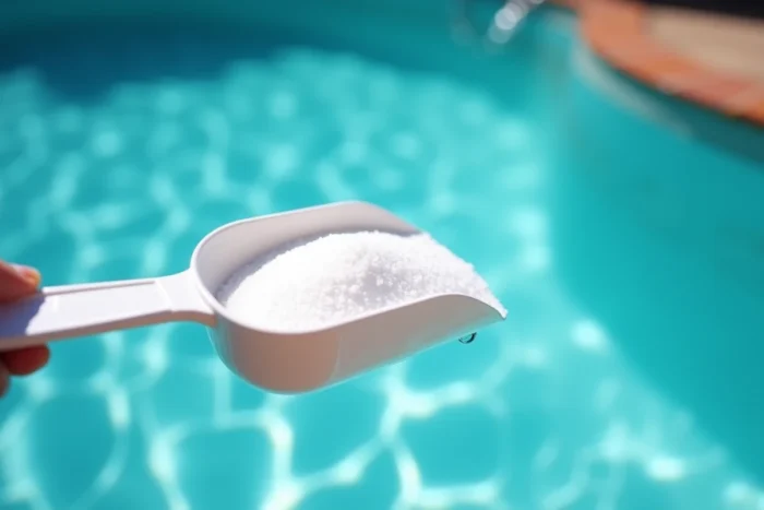 Gros plan sur une pelle de sel cristallisé pour piscine tenu au-dessus de l'eau avant dosage