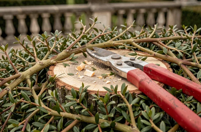 Gros plan sur une haie d'if fraîchement taillée avec un sécateur professionnel posé dessus dans un jardin à la française