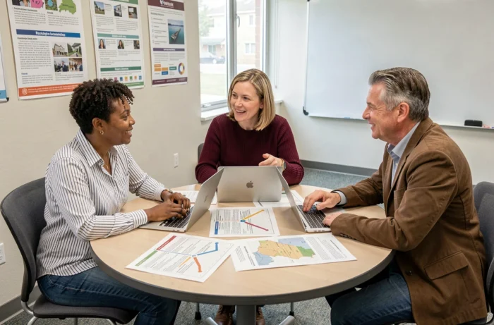 Un groupe d'adultes en reconversion professionnelle collaborant autour d'une table dans un centre d'orientation et de ressources pour l'emploi