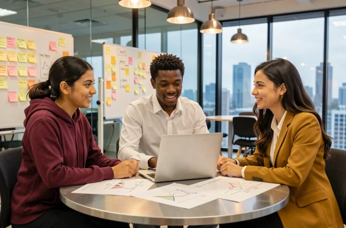 Groupe d'étudiants diversifiés collaborant autour d'un ordinateur portable dans un hub d'innovation numérique avec vue urbaine