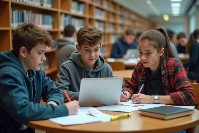 Groupe de lycéens travaillant ensemble sur un projet scolaire dans une bibliothèque moderne