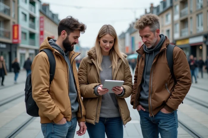 Groupe de personnes consultant les actualités sur une tablette dans une place urbaine de Nantes