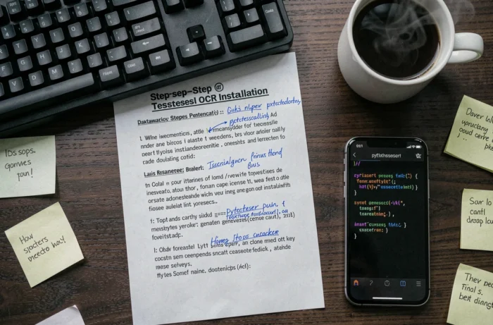 Bureau avec guide imprimé d'installation Tesseract OCR annoté à la main et smartphone affichant du code Python