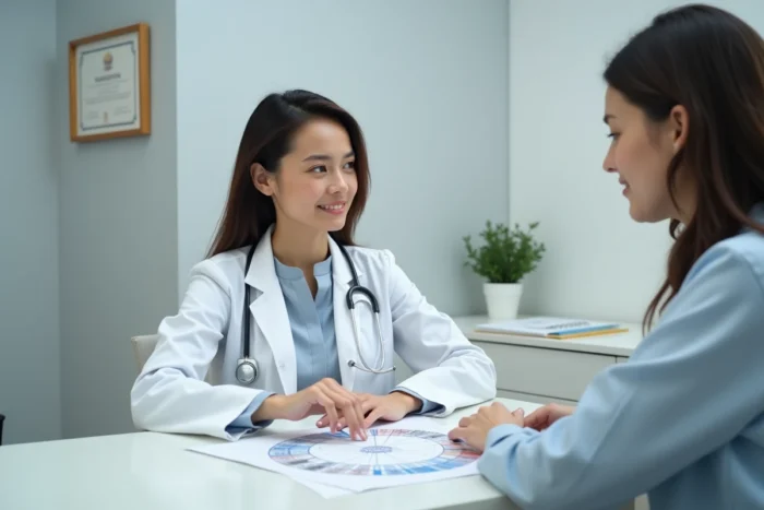Gynécologue expliquant le calcul de la grossesse à partir de la date des dernières règles lors d'une consultation médicale
