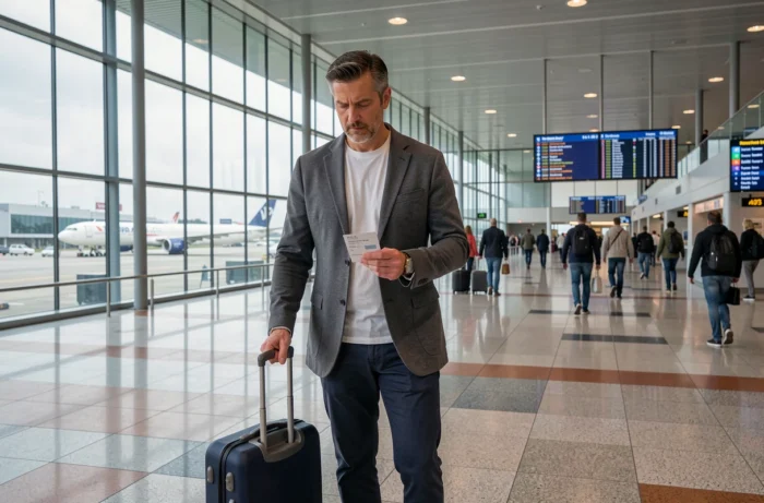 Homme voyageur traversant un terminal d'aéroport international avec une valise à roulettes et une carte d'embarquement