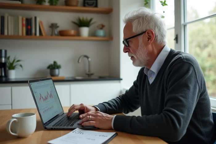Homme mature analysant des graphiques de marché immobilier sur ordinateur portable à domicile