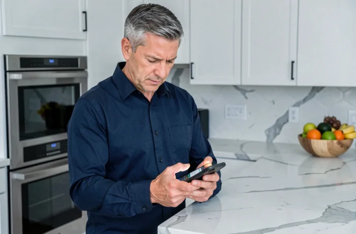 Homme utilisant l'application Amazon sur smartphone pour passer une commande depuis sa cuisine moderne
