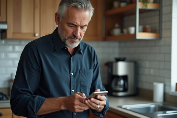 Homme utilisant l'application Amazon sur smartphone pour archiver ses commandes et protéger sa vie privée