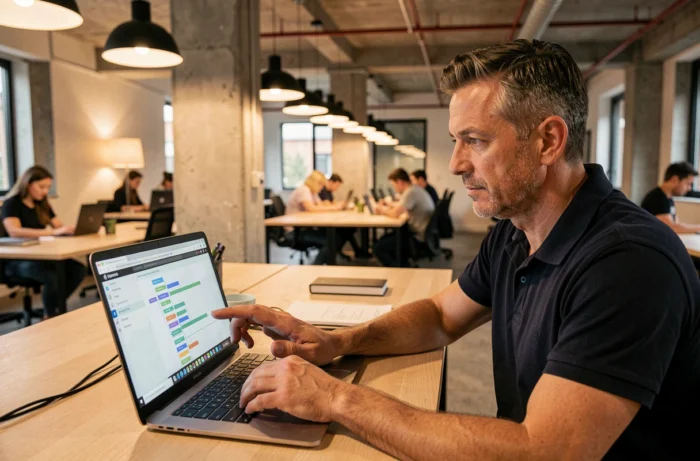 Homme consultant le plan du site Electriciret sur un laptop dans un espace de coworking moderne