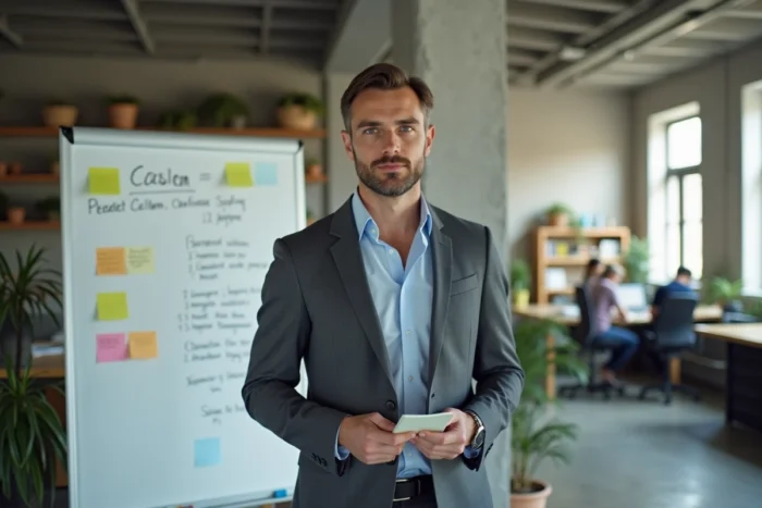 Homme en costume pratiquant sa présentation professionnelle devant un tableau blanc dans un espace de coworking