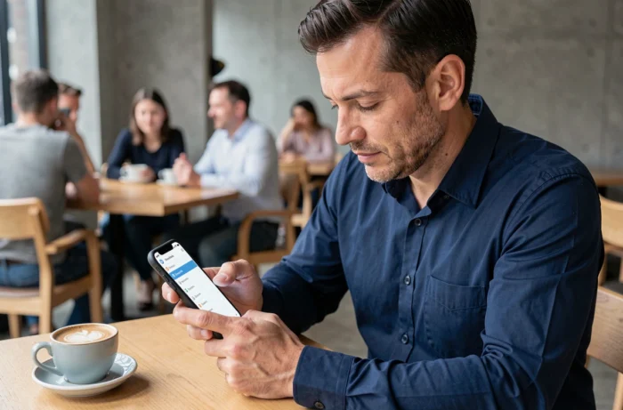 Homme gérant ses services en ligne sur smartphone dans un café urbain moderne