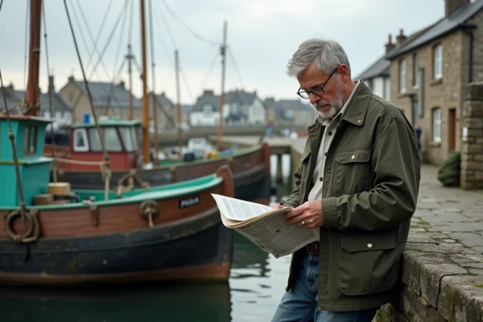 Homme lisant un journal local appuyé contre un bateau de pêche dans un port atlantique