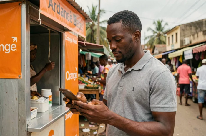 Homme utilisant un kiosque Orange Money dans une rue urbaine africaine pour effectuer des transactions mobiles et gagner de l'argent