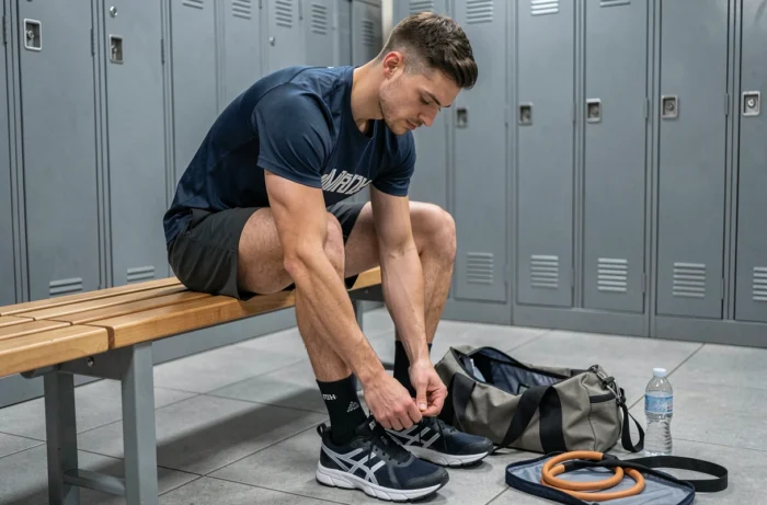 Jeune homme lacant ses chaussures de cross-training sur un banc dans un vestiaire de salle de sport