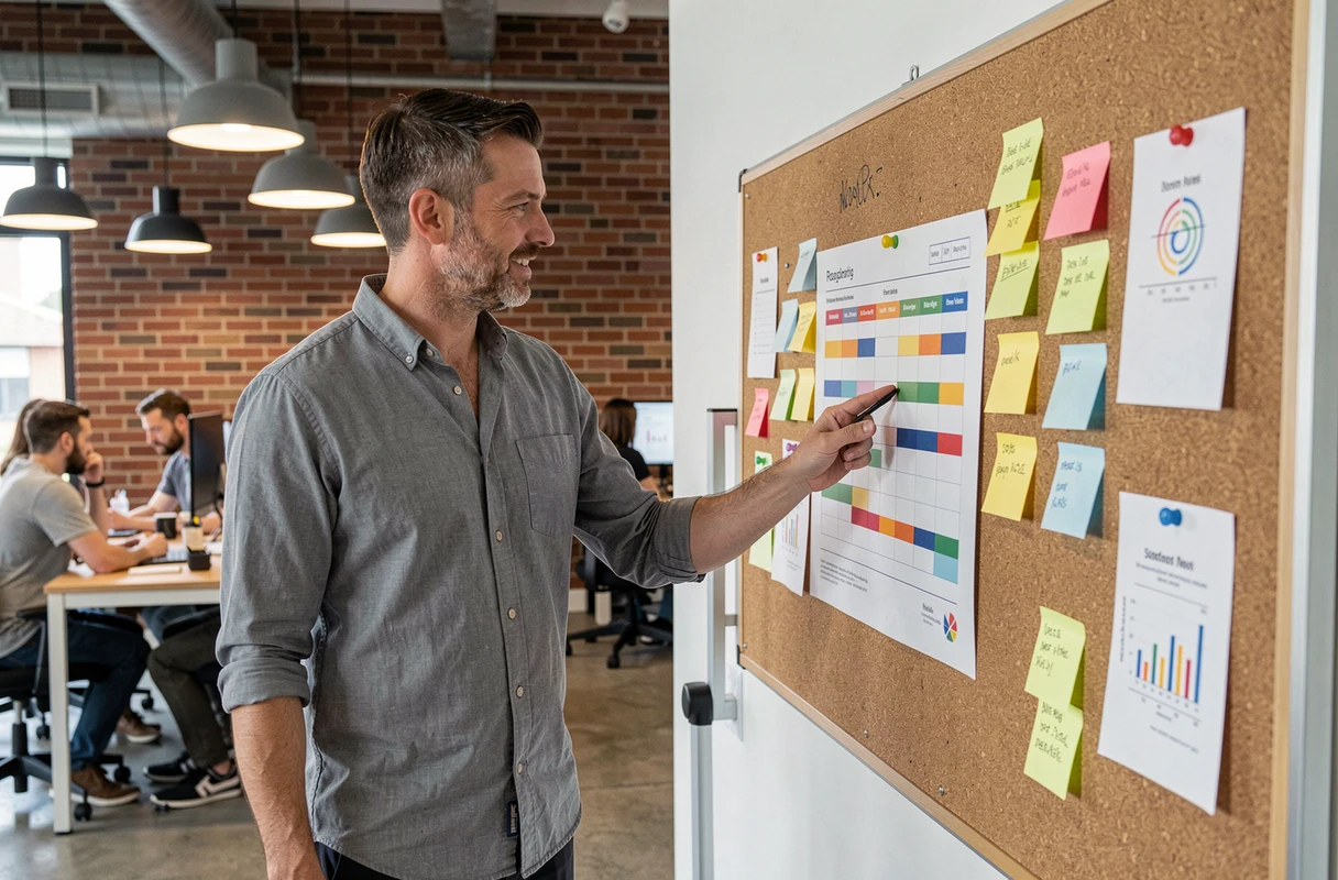 Homme debout devant un tableau de planification dans un espace de coworking, symbolisant l'organisation et l'efficacité professionnelle