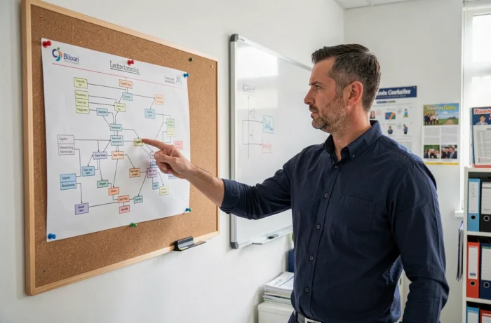 Homme présentant le plan du site éducatif Home Educ affiché sur un tableau en liège