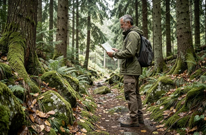 Homme en randonnée dans une forêt dense consultant une carte, loisir de plein air pour se ressourcer
