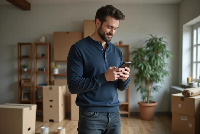 Homme consultant une application de déménagement sur smartphone dans un appartement en cours de déménagement avec des meubles emballés