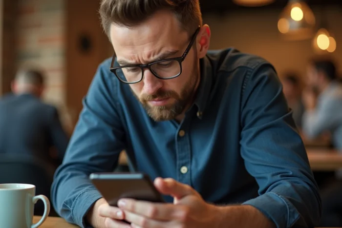 Un homme lit une notification de changement de nom de Zakmav sur son smartphone dans un café