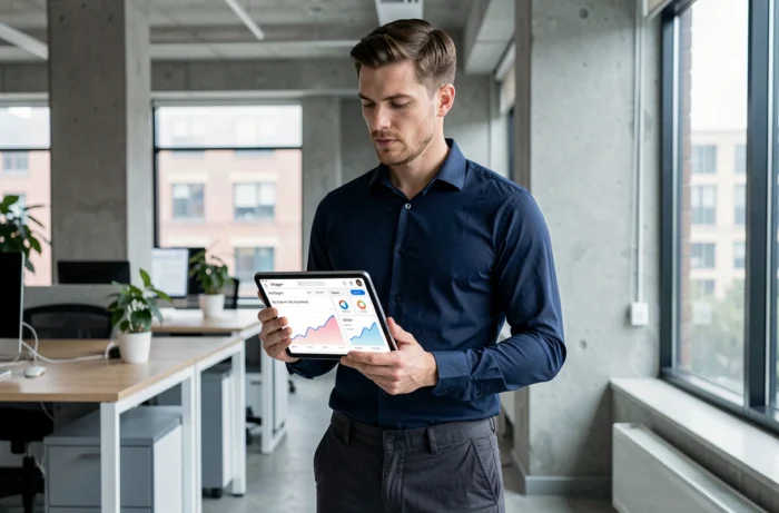 Homme analysant les statistiques de croissance d'abonnés Instagram sur tablette dans un espace de coworking