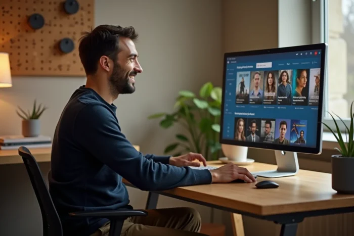 Homme téléchargeant légalement un film sur un service de streaming depuis son bureau à domicile